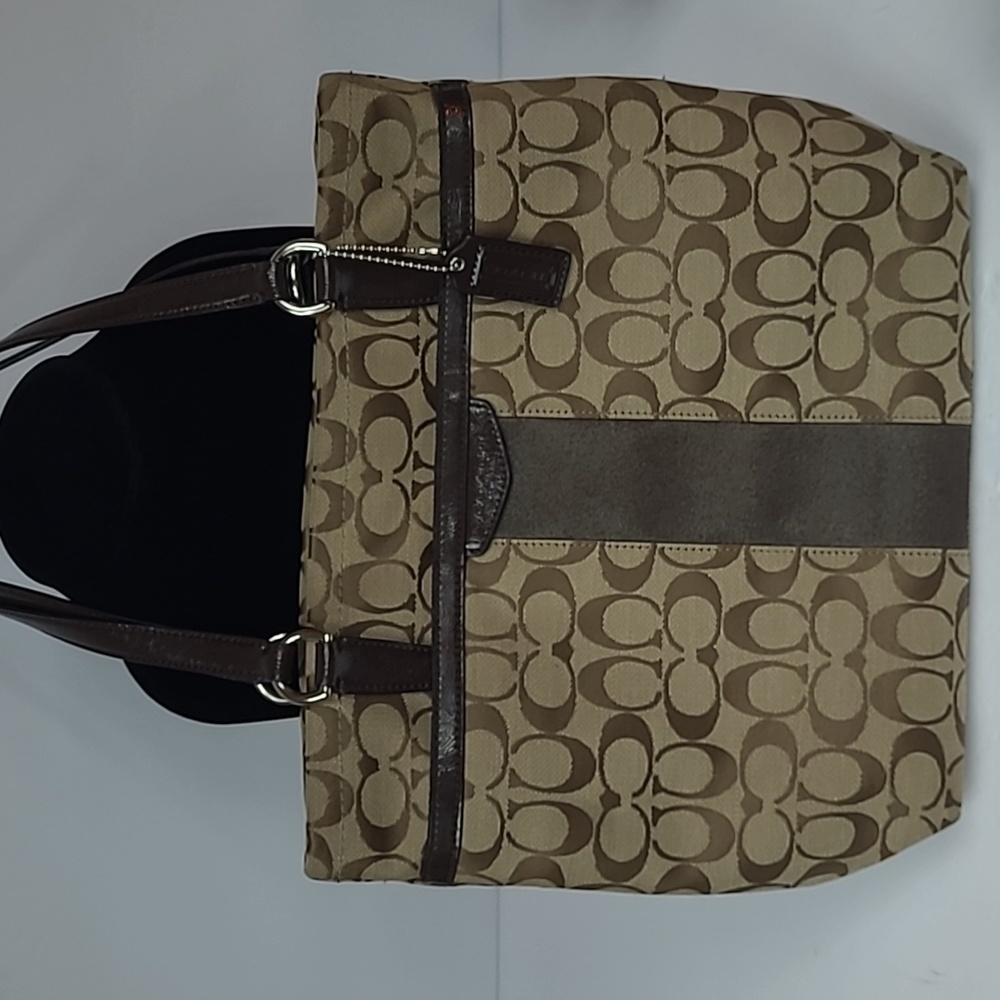 COACH Signature Stripe Tote Bag F28504 Khaki Mahogany Canvas Patent Leather EUC